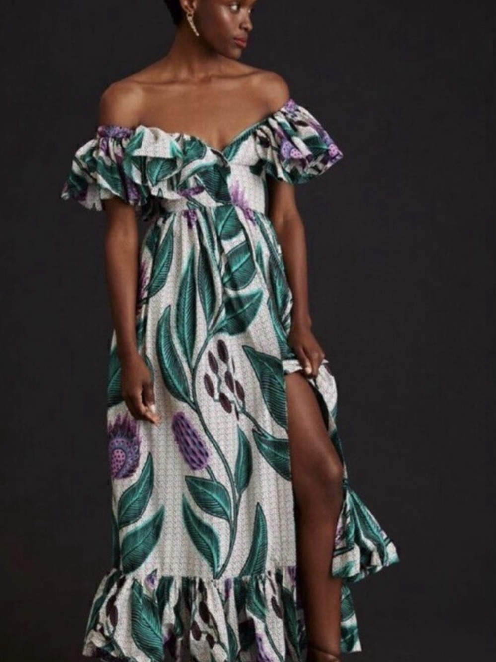 Beautiful SIKA dress in a vibrant teal, purple, black and cream botanical print.